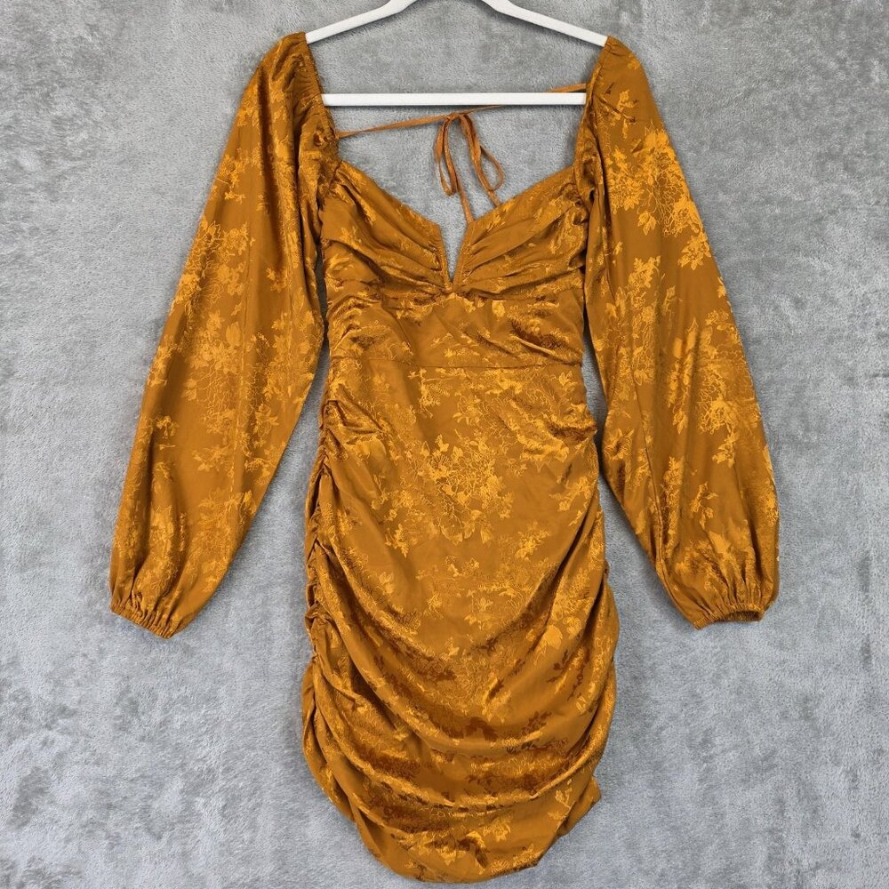 More To Come Dress Womens Small Gold Floral Jacquard Ruched Long Sleeve Bodycon